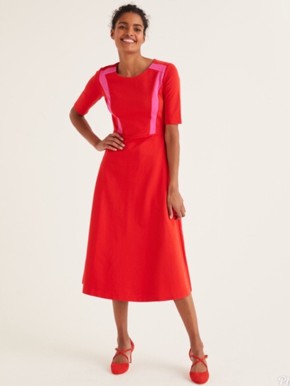 Boden Emily Ponte Fit and Flare Midi Dress Sz 8 Red Pink A-line Short Sleeve